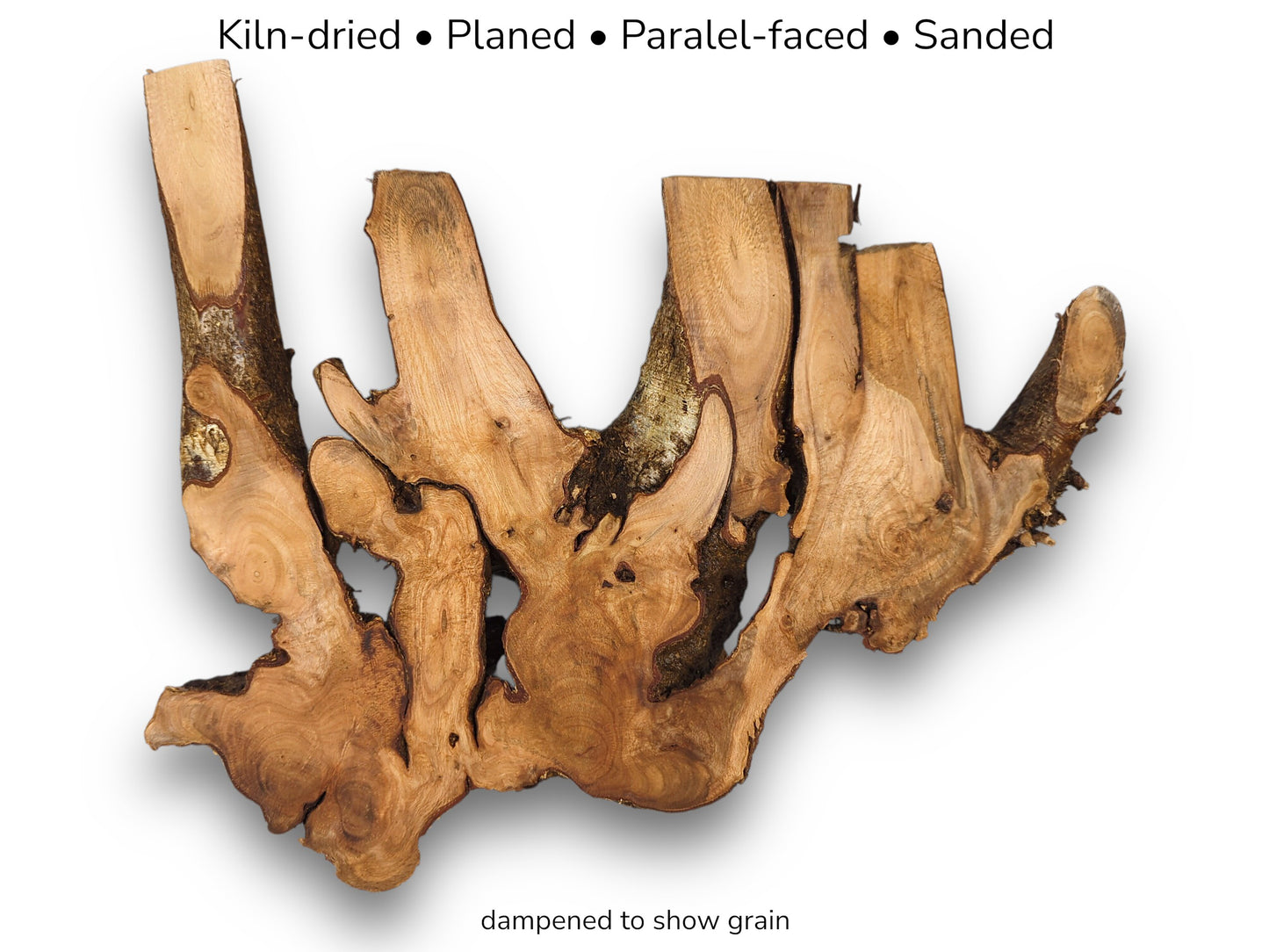 Image shows an irregular hazel root wood slice with partial bark. Text lists preparation details.