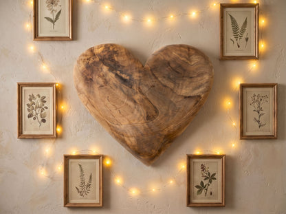 A large, heart-shaped walnut carving features dramatic, swirling grain patterns and smooth, rounded edges.