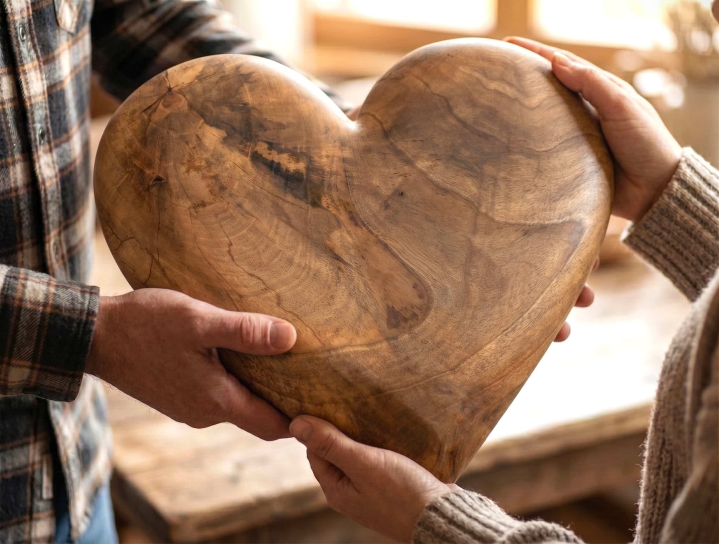 A polished walnut heart held by two people displays dark burls and concentric grain patterns.