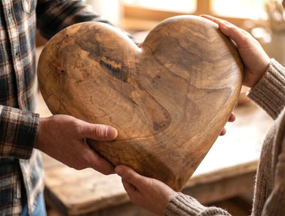 A polished walnut heart held by two people displays dark burls and concentric grain patterns.