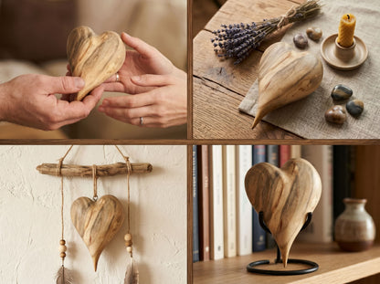 A four-photo grid shows a timber heart with flowing grain as a gift and decor.