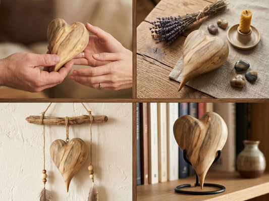 A four-photo grid shows a timber heart with flowing grain as a gift and decor.