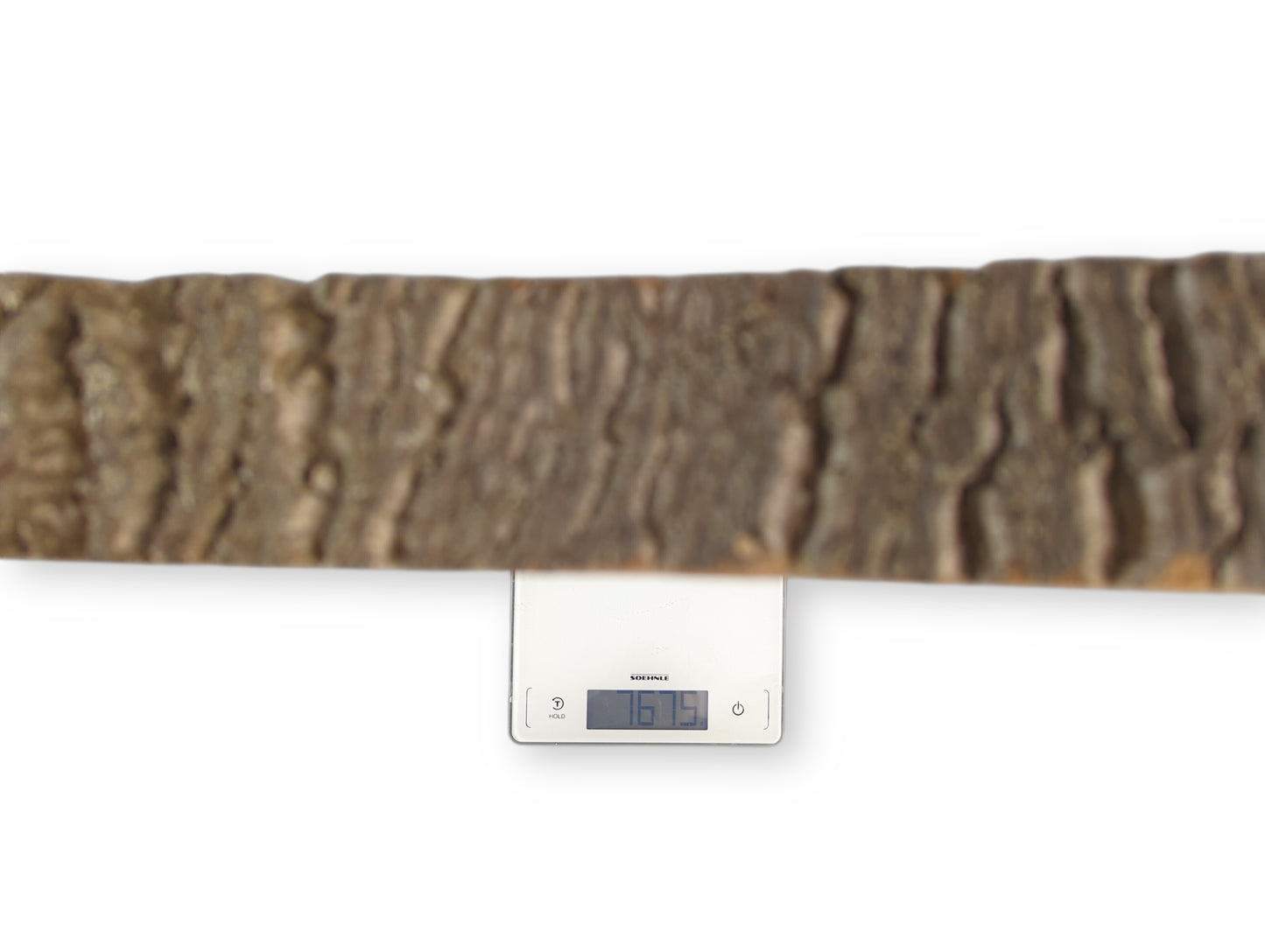 White digital scale displays 1675 below a log slice with dark, deeply textured bark.