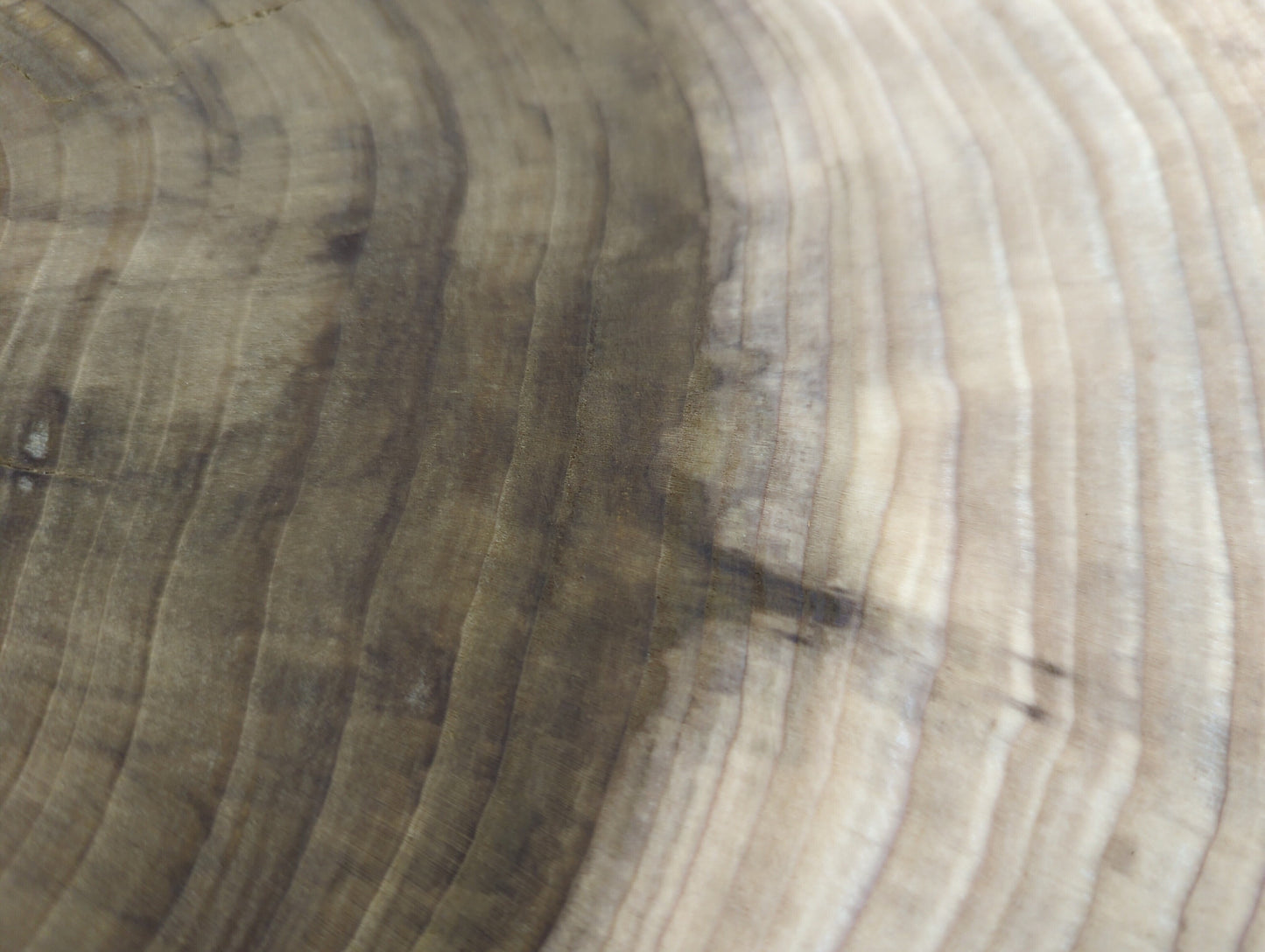 Textured wood surface showing distinct, wavy end grain patterns, ranging from light beige to dark brown.