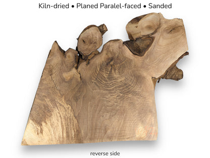 Visual displaying a light brown, live edge English walnut root wood slice reverse side, plus preparation text.