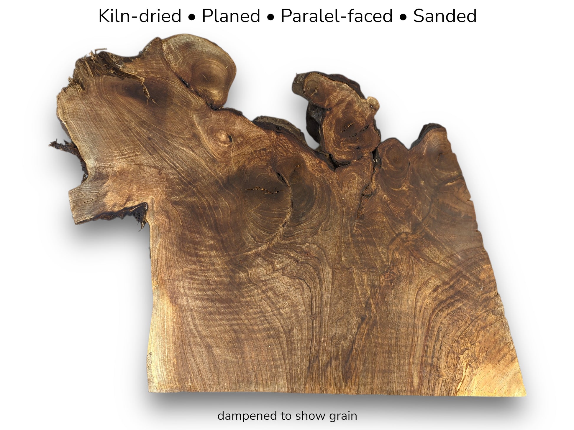 Irregularly shaped walnut root slice with rich brown grain, accompanied by text listing preparation and finish details.