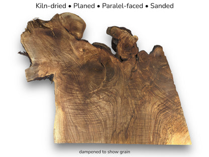 Irregularly shaped walnut root slice with rich brown grain, accompanied by text listing preparation and finish details.