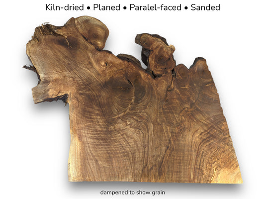 Irregularly shaped walnut root slice with rich brown grain, accompanied by text listing preparation and finish details.
