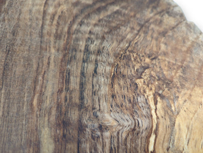 Surface of an English walnut wood slice, displaying rich brown tones and distinct wavy, vertical grain patterns.