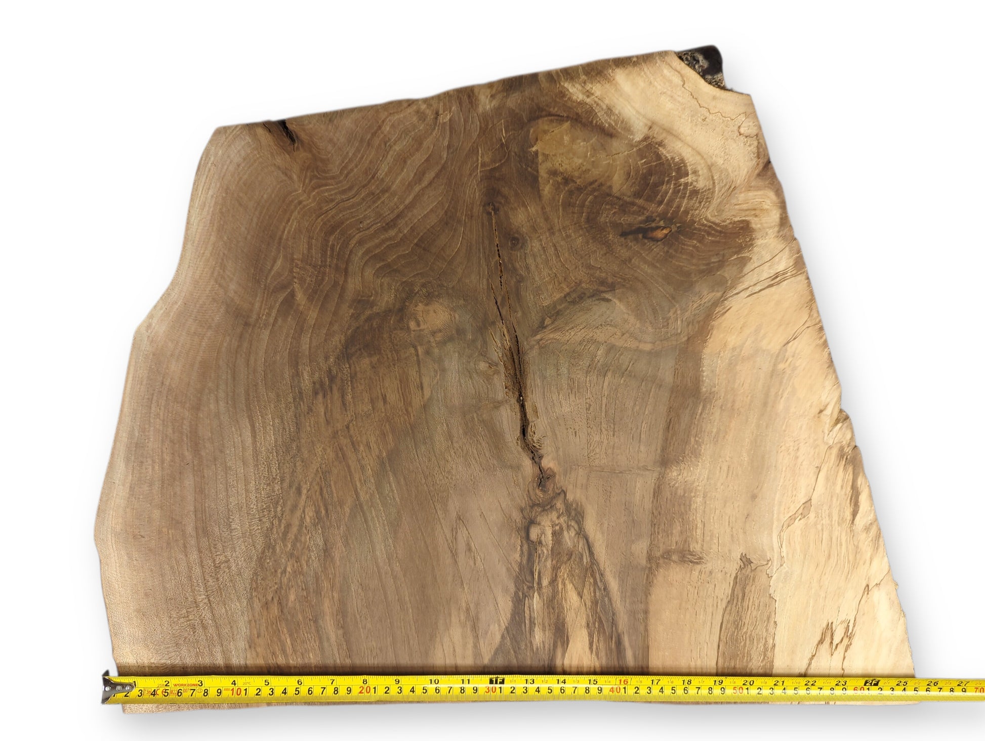 An irregular live edge wood slice, light and dark brown, displays swirling grain and a measuring tape.