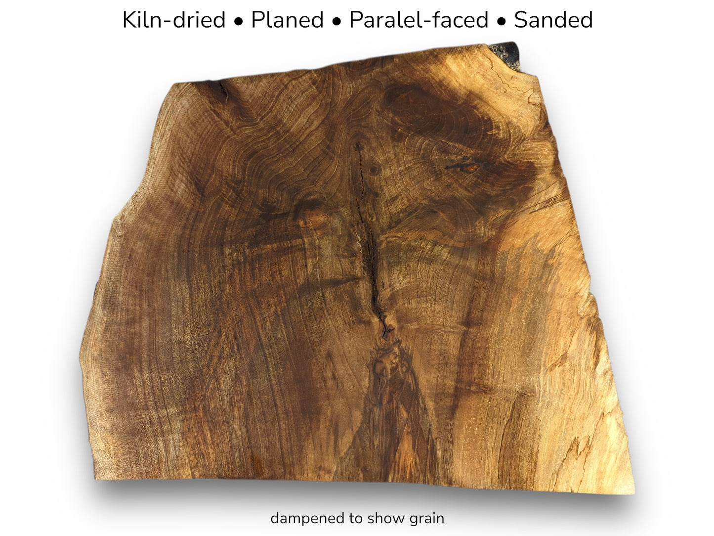 Irregular walnut wood slice showing dark grain, with text noting kiln-dried, planed, and sanded features.