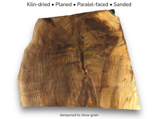 Irregular walnut wood slice showing dark grain, with text noting kiln-dried, planed, and sanded features.