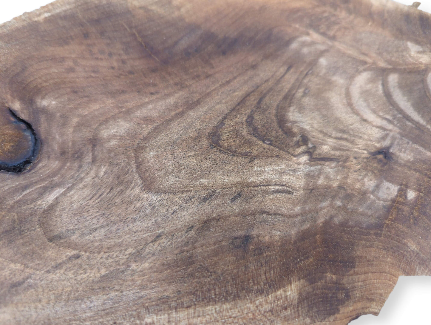 Irregular brown English walnut wood slice featuring prominent dark wavy grain, a knot, and surface variations.
