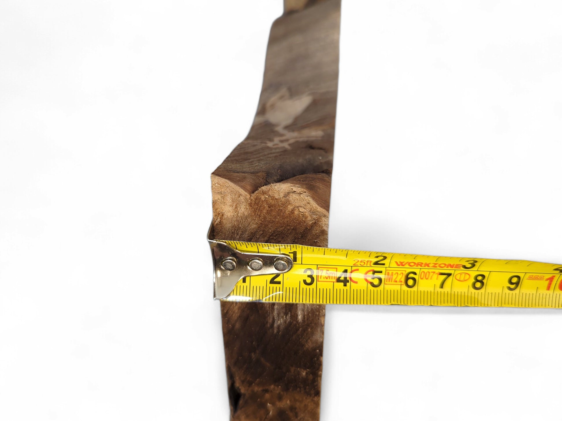Rough-textured, dark brown wood slice edge measured by a yellow tape displaying inches and centimeters.