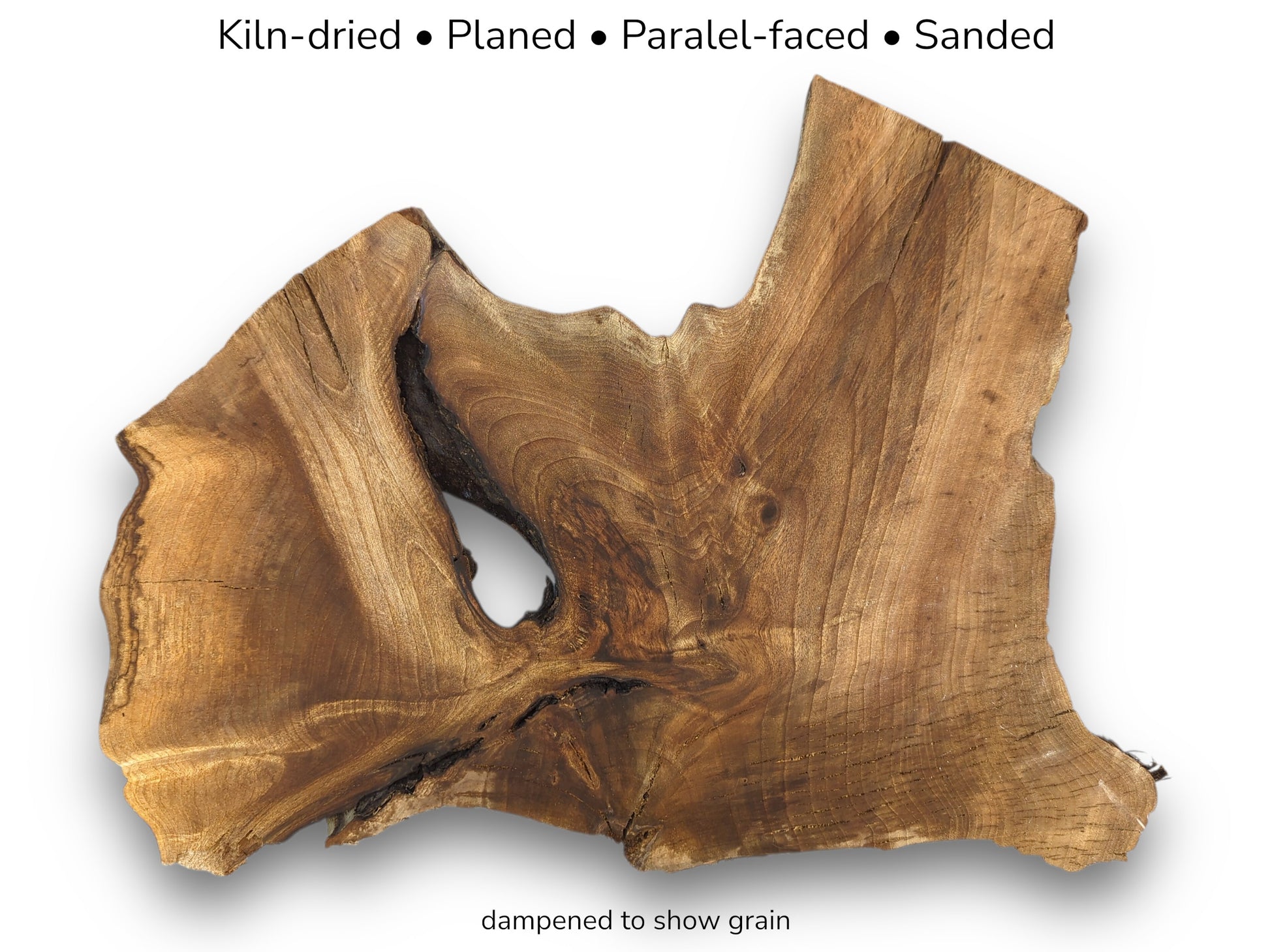Informational image showing a brown walnut root wood slice with a large hole and preparation details.