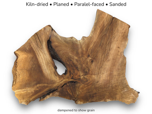 Informational image showing a brown walnut root wood slice with a large hole and preparation details.