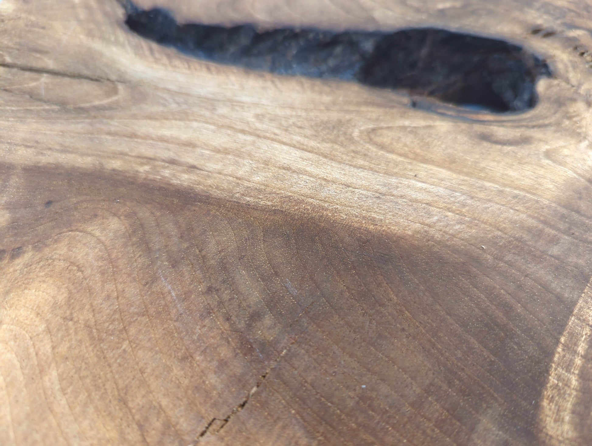 Brown walnut wood surface exhibits varied tones, prominent swirling grain, several natural fissures, and a large dark void.