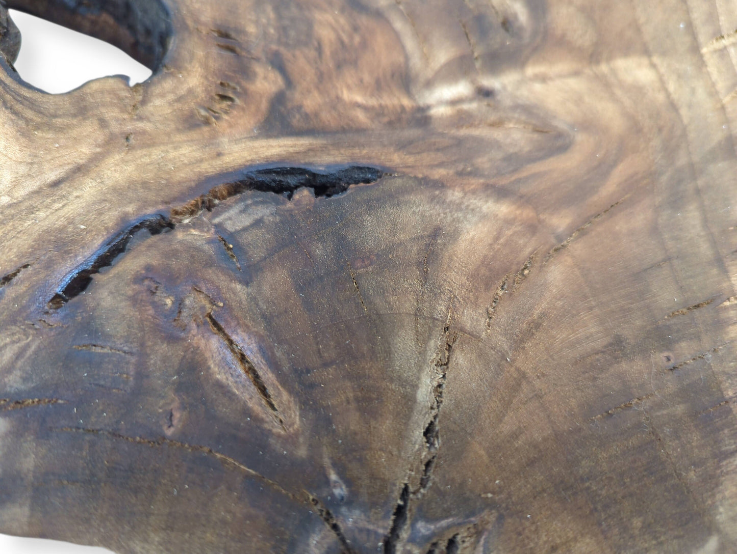 Dark brown walnut wood surface reveals intricate swirling grain patterns, natural fissures, and a large void.