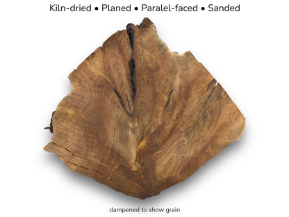 Irregular brown walnut root slice displaying rich grain and central cracks, with text listing preparation details.