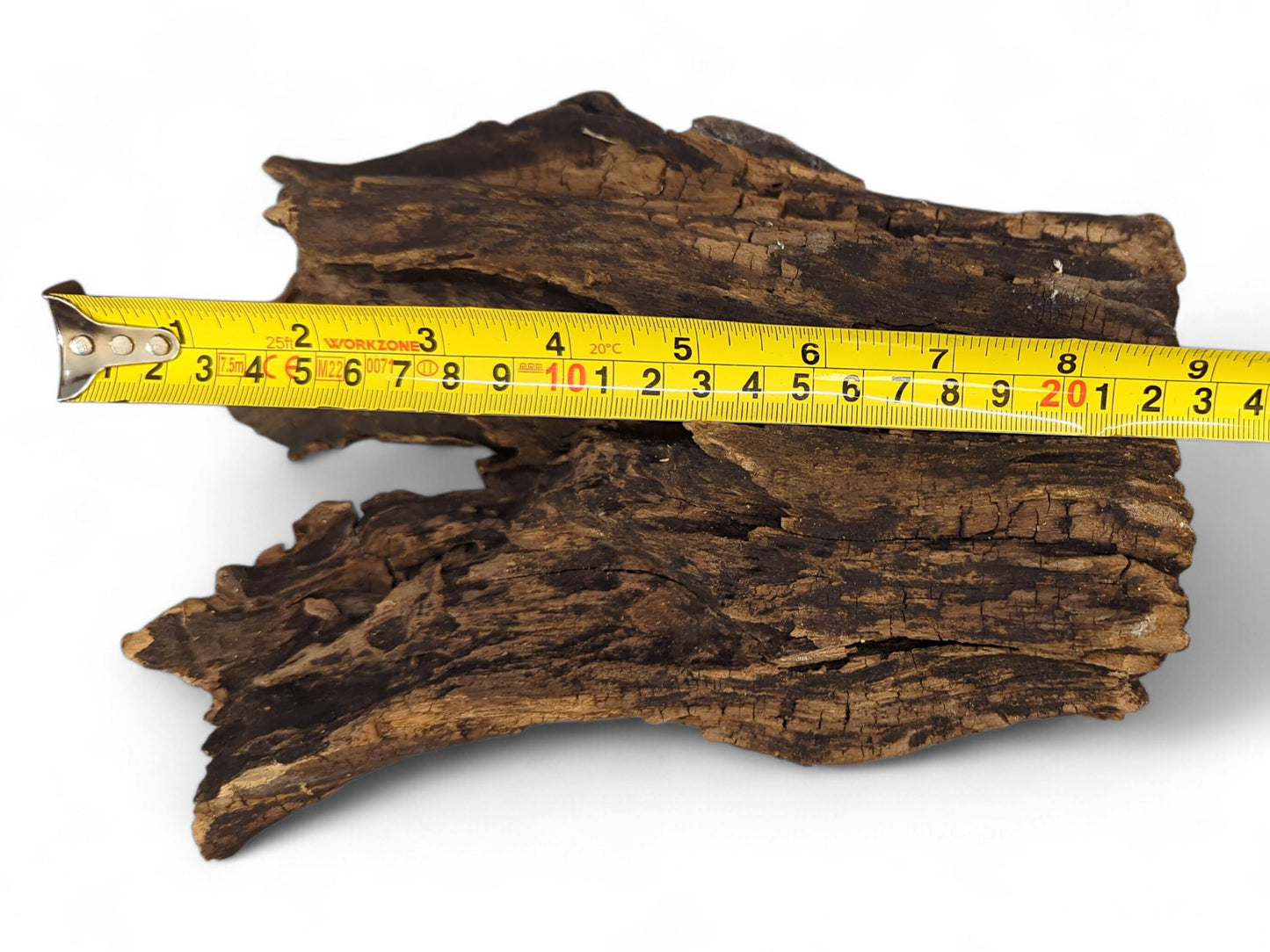 A yellow measuring tape is placed across a dark, deeply textured natural driftwood piece.