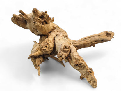 Sun-bleached driftwood root, light beige, displaying intricate, gnarled shapes and varied, weathered textures.