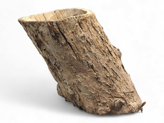 Natural, hollow wood log section with rough, textured brown bark and lighter inner wood, angled.