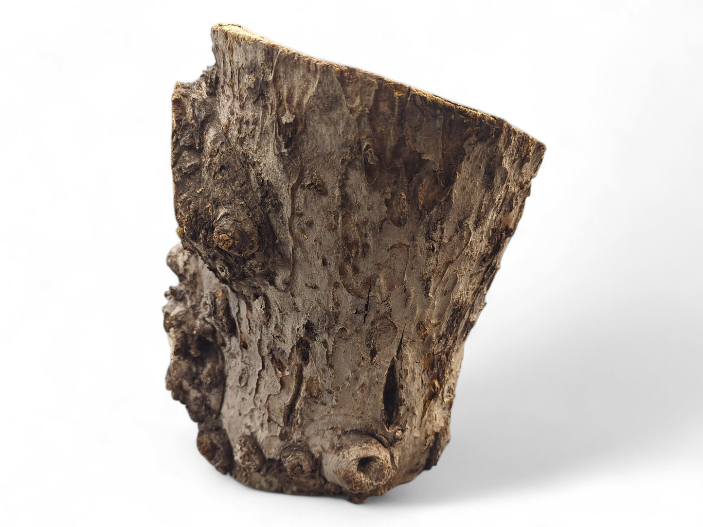 Untreated grey-brown wood log piece with rough, gnarled bark texture against a white background.