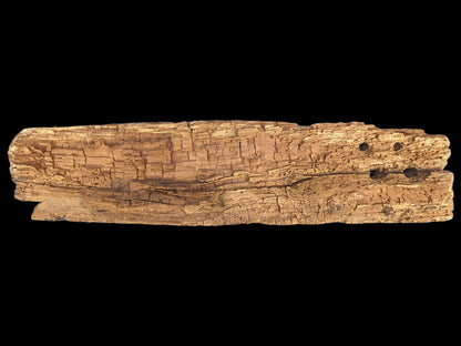 Elongated light brown wood fragment showing deep cracks, flaking, crumbly texture, and small holes.