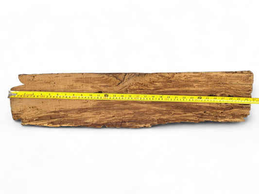 A rustic brown wood fragment with a deeply grooved, flaking surface and a yellow measuring tape.