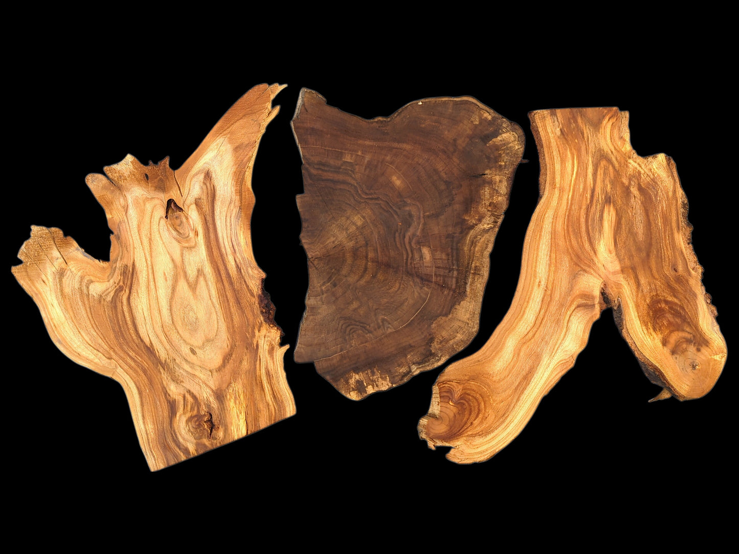 Varying brown wood slices feature irregular live edges, prominent grain patterns, and unique shapes.