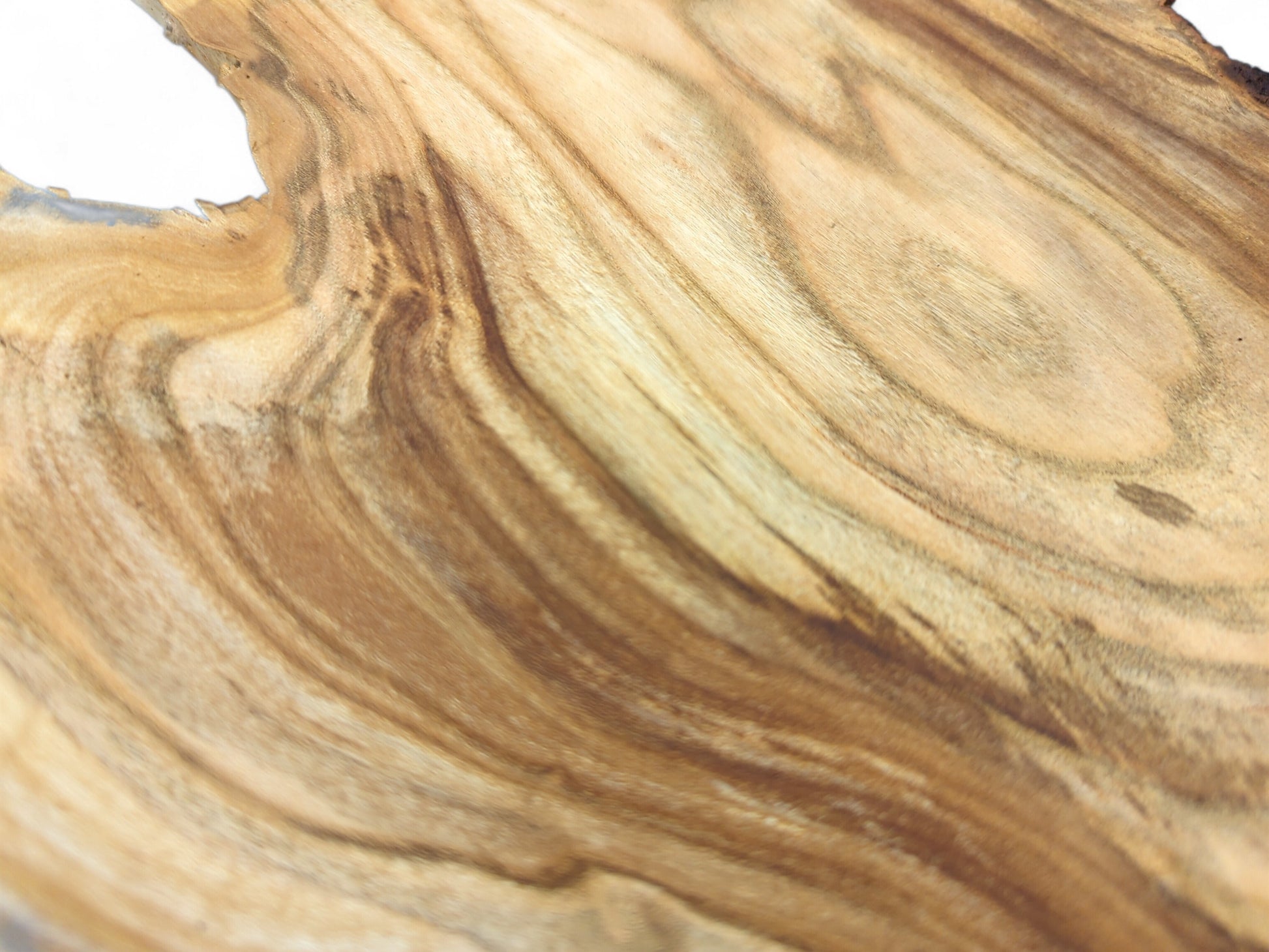 Close-up of an unfinished wood slice with smooth surface, featuring wavy brown grain and an irregular top edge.