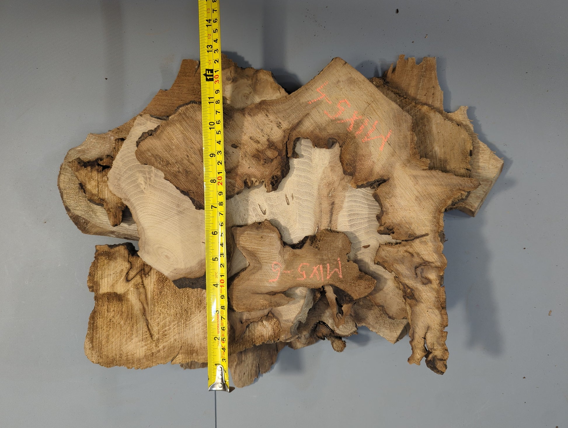 A collection of irregular brown wood slices with prominent grain, red markings, and a yellow tape measure.