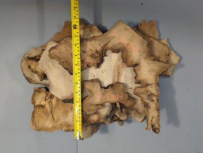 A collection of irregular brown wood slices with prominent grain, red markings, and a yellow tape measure.