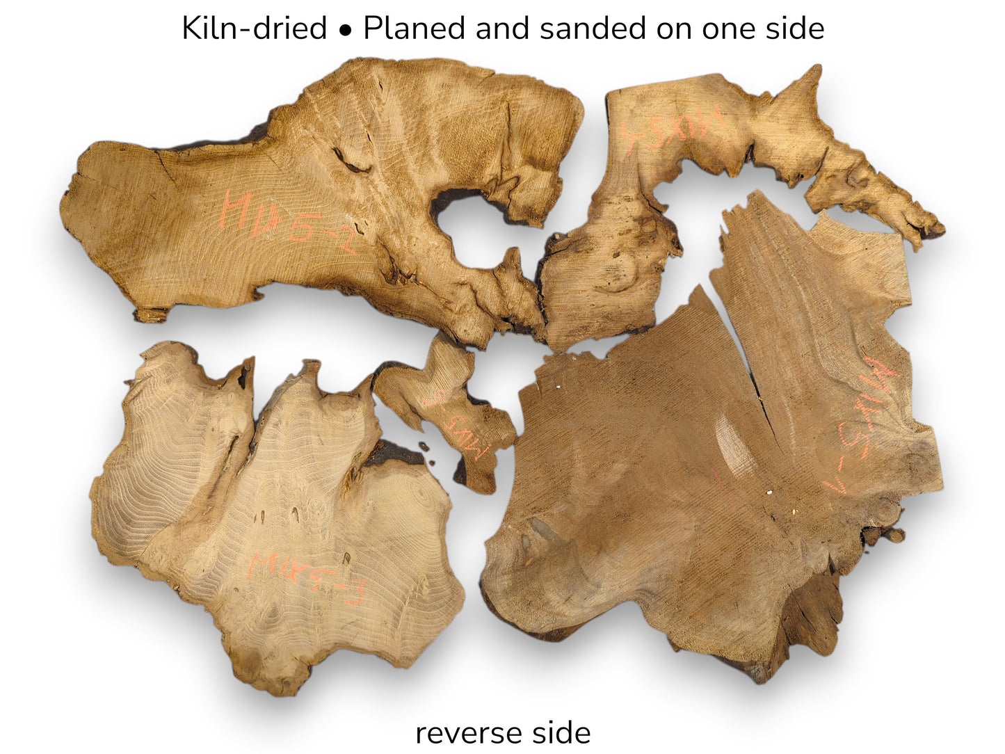 Kiln-dried, irregular raw wood slices with live edges and prominent grain, showing their reverse side.