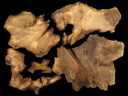 Several irregular, thin, brown wood slices with live edges and distinct grain patterns on a black background.