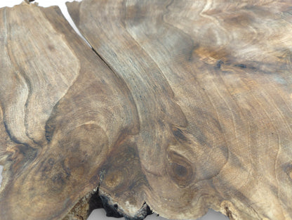 Close-up: Irregular thin brown wood slice featuring prominent swirling grain, a central crack, and dark live edges.
