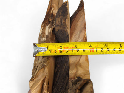 A yellow measuring tape measures three irregular, light and dark brown wood slices with live edges.