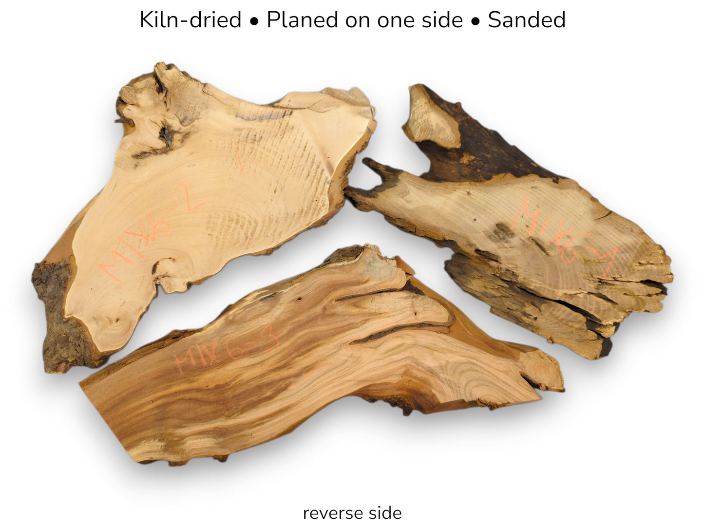Image displays three numbered, irregular, live-edge wood slices, reverse side. Text details processing.