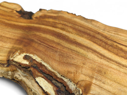 Detailed view of a raw, irregular wood slice, showing diverse brown tones and distinct live edge grain.