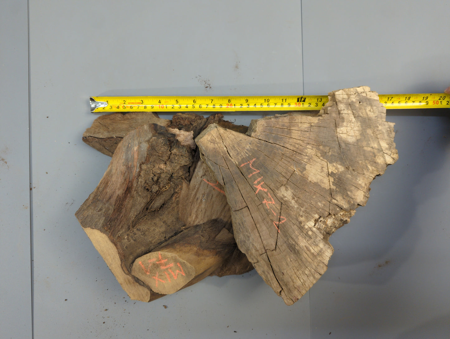 Irregular brown wood pieces with cracks and red markings, measured by a yellow tape on a grey surface.