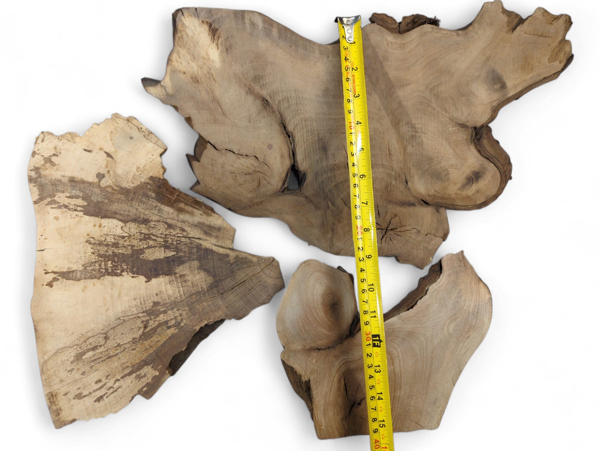 Textured, irregular, live-edge wood slices in varying brown tones, measured vertically by a yellow tape.