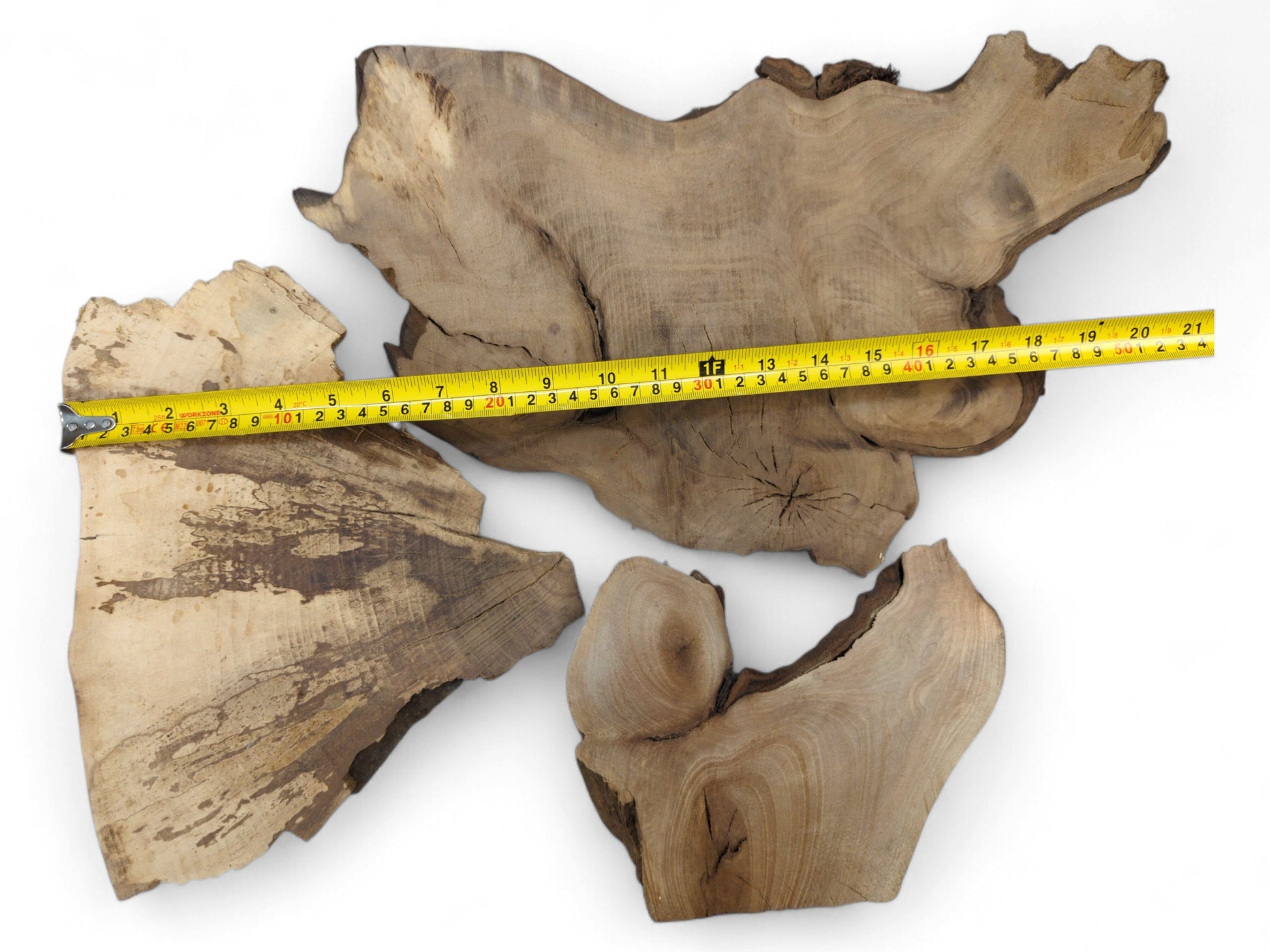 Three irregular live-edge wood slices and a yellow measuring tape on a white background.