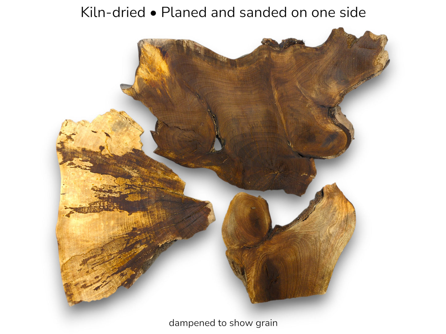 Three irregular hardwood slabs with live edges display rich, swirling grain in contrasting light tones.