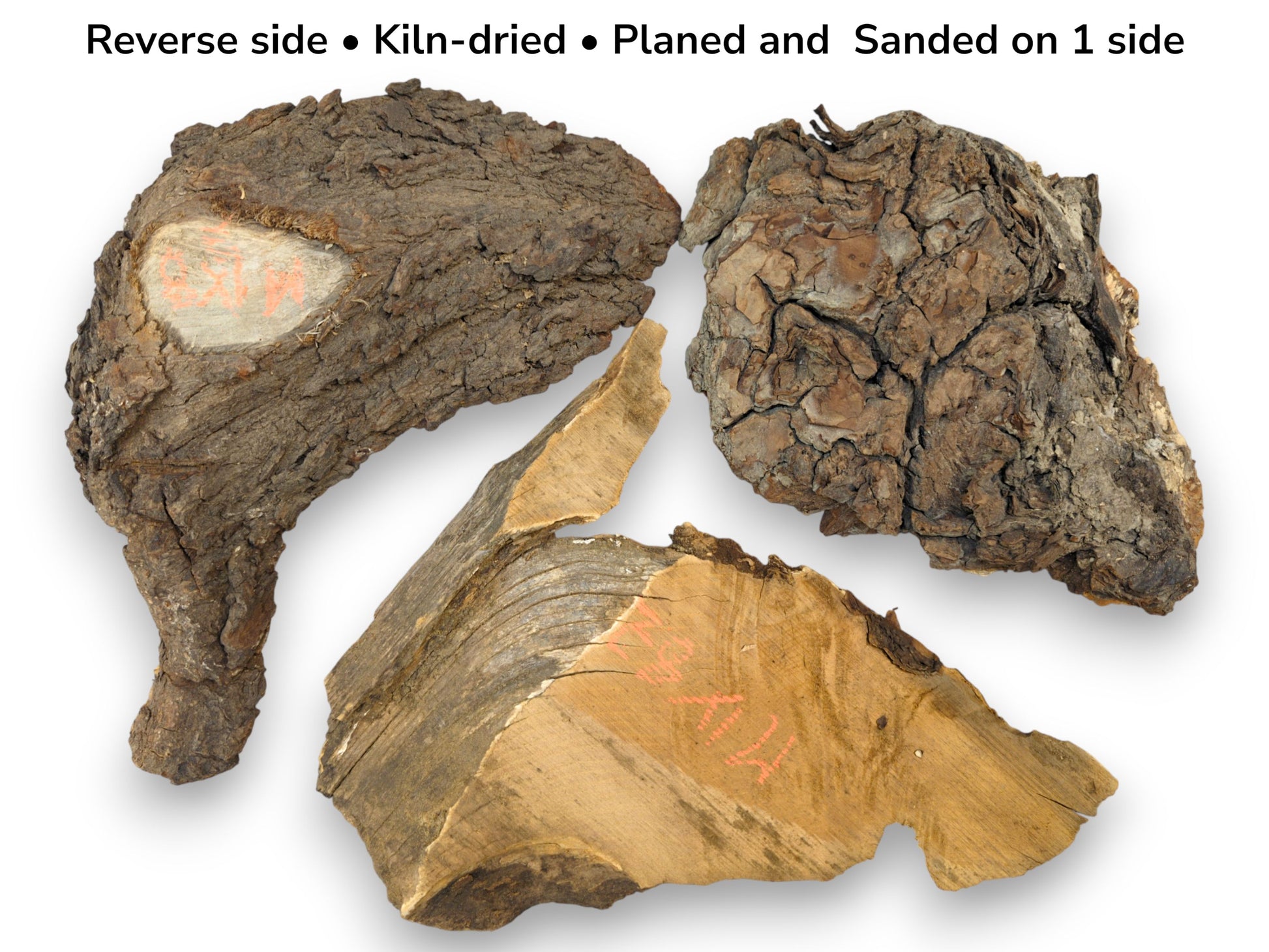 Three irregular raw wood pieces, two with rough bark, one showing lighter planed wood grain, and text overlay.