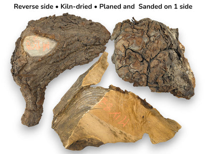 Three irregular raw wood pieces, two with rough bark, one showing lighter planed wood grain, and text overlay.