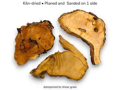 Image with text overlays showing three irregular raw wood slices, kiln-dried and planed on one side.