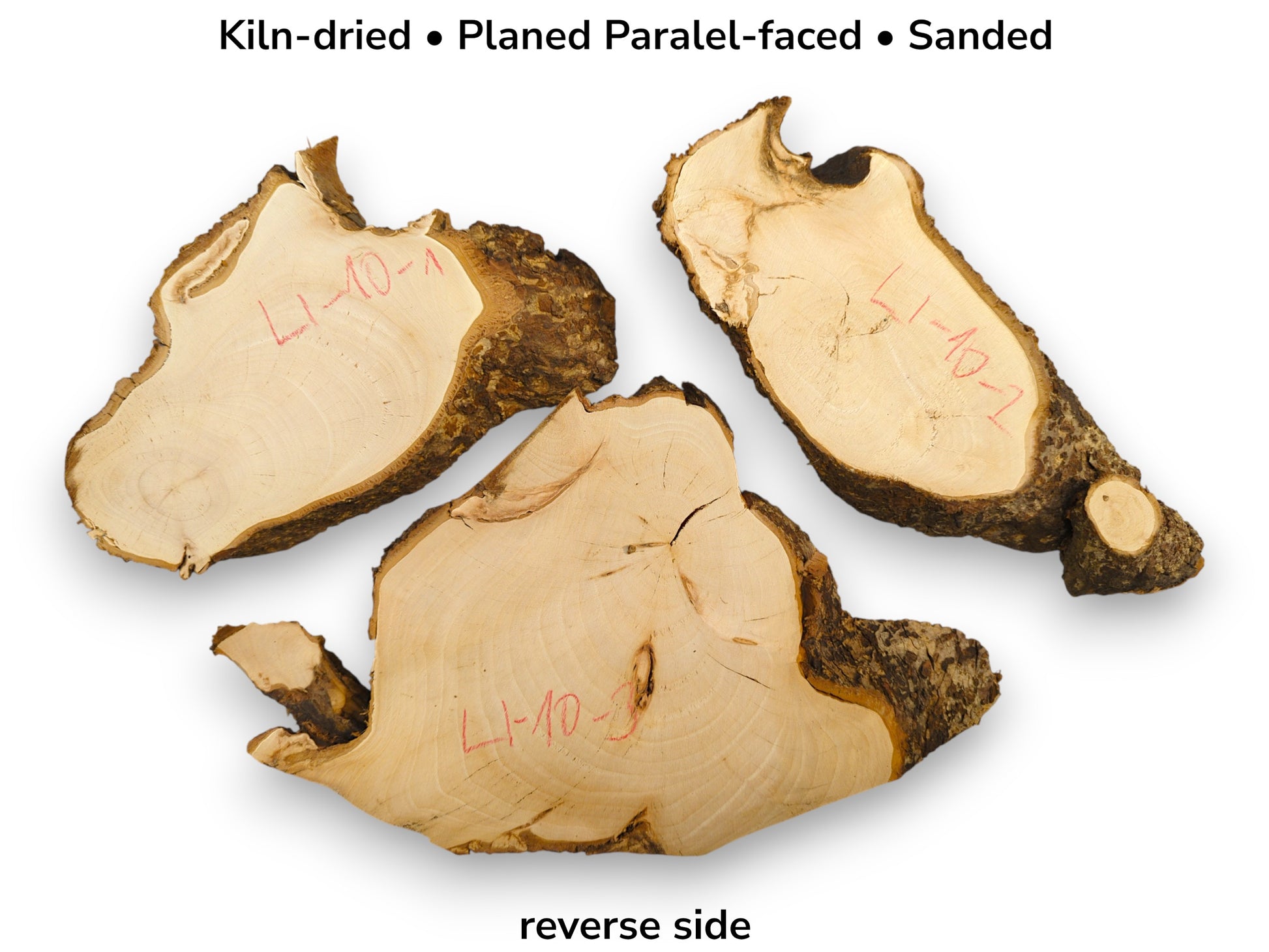 Three irregular linden wood slices, light interior, dark bark edges, with descriptive preparation text.