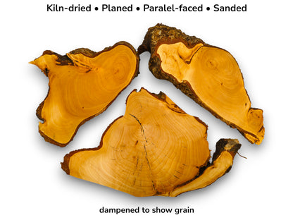 From above, three irregular timber sections reveal golden grain, a central crack, and coarse bark.