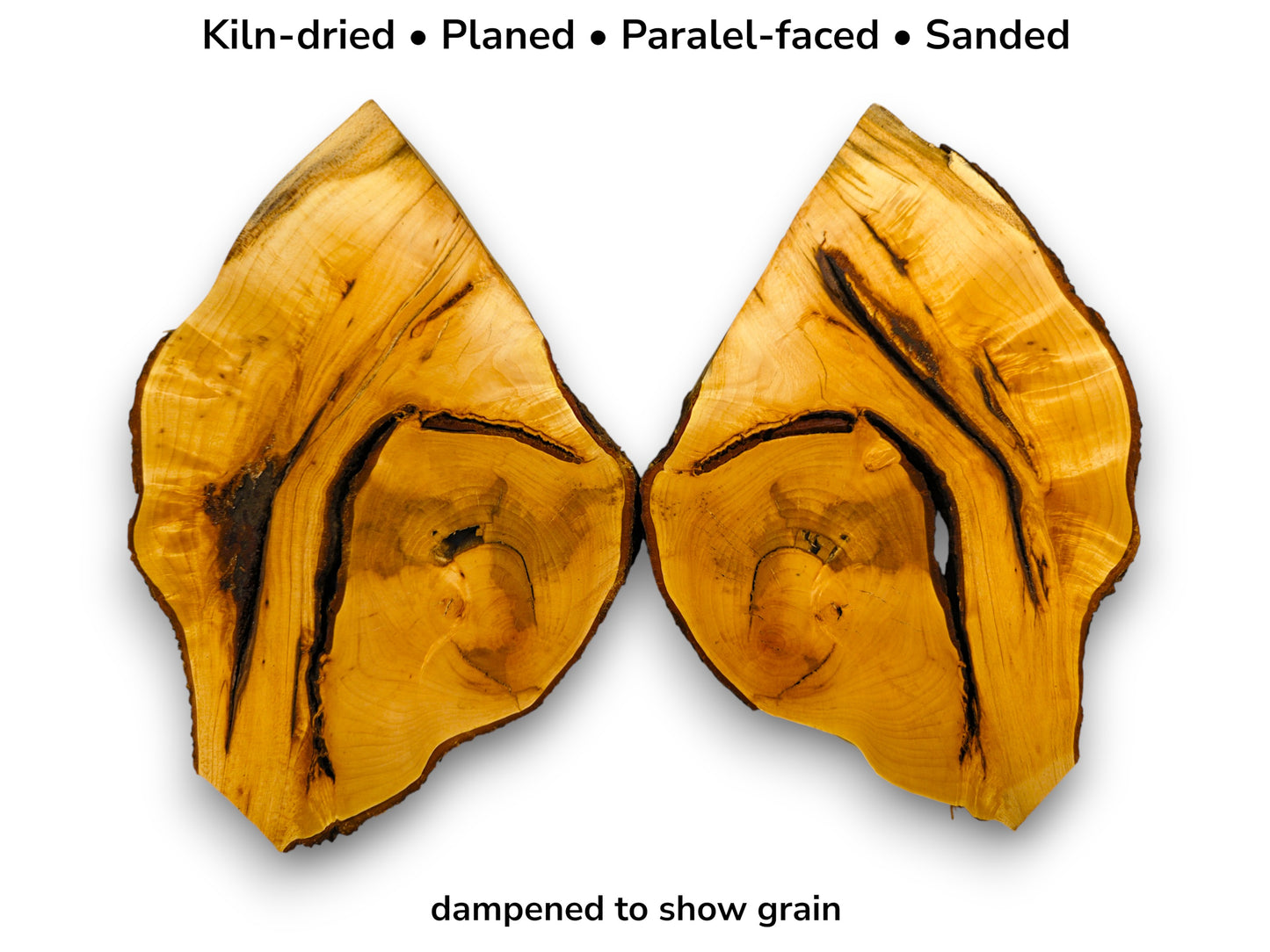 Two bookmatched linden slices with golden grain and dark voids, overlaid with text regarding wood preparation.