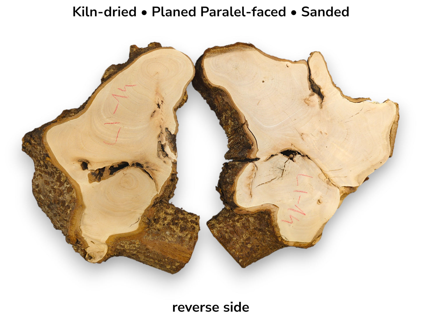 Reverse view of paired light wood slices with rough bark, red markings, and text indicating specifications.